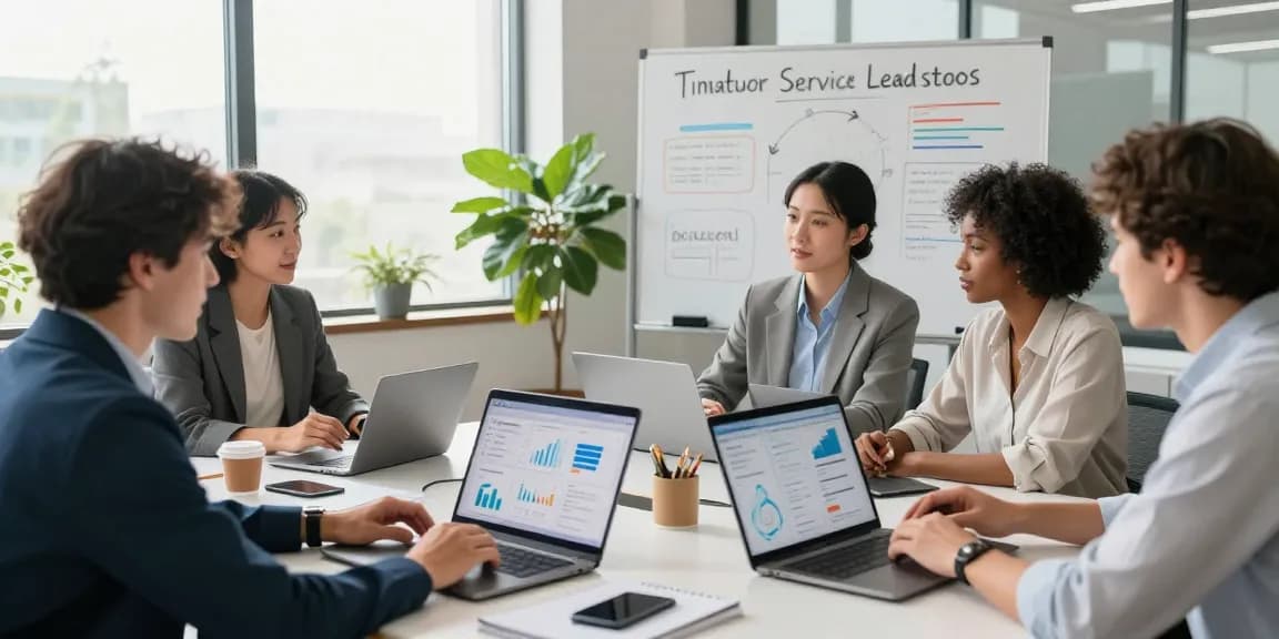 Diverse team collaborating in a modern office, strategizing how to get more service leads automatically with digital tools.