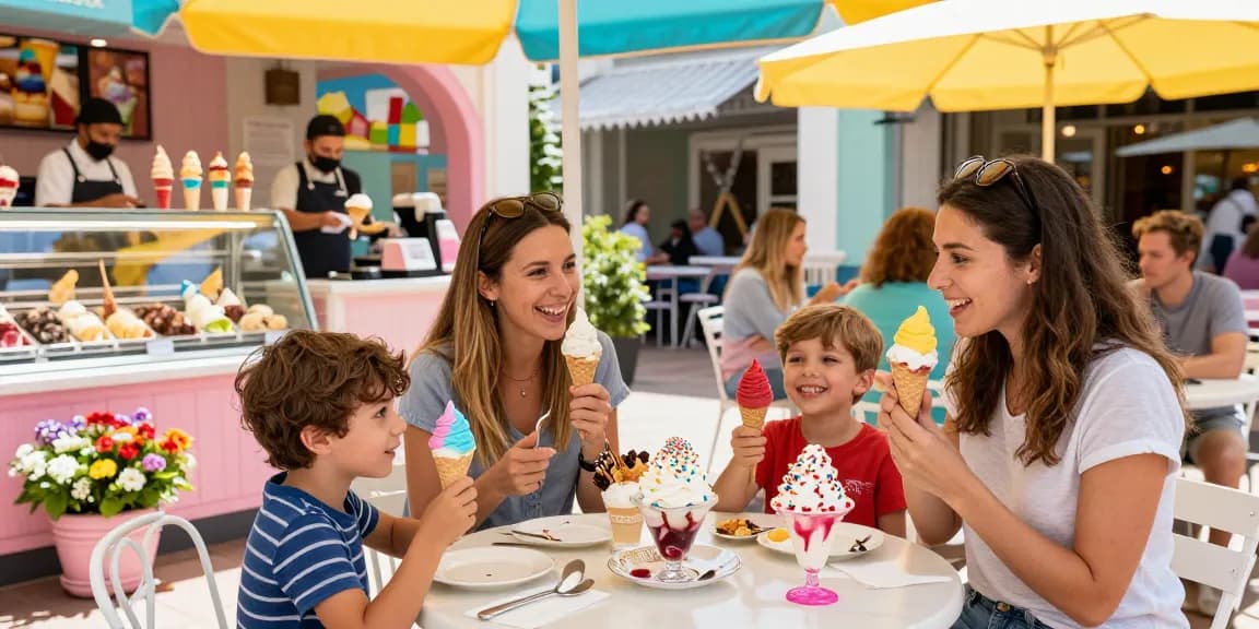 Family enjoying vibrant rokok88 ice cream creations at lively parlor