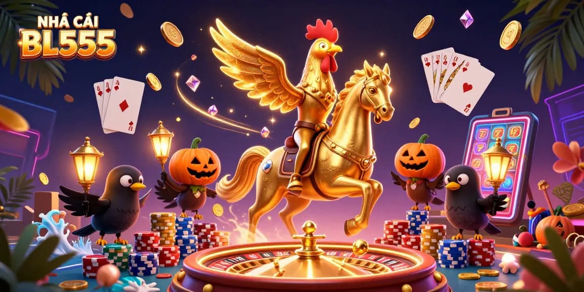 Engage in thrilling gambling action at NHÀ CÁI BL555 with golden coins and dynamic casino elements.