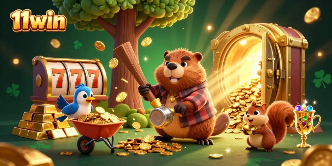 Collect coins with the playful 11win characters in a vibrant casino scene filled with treasures.