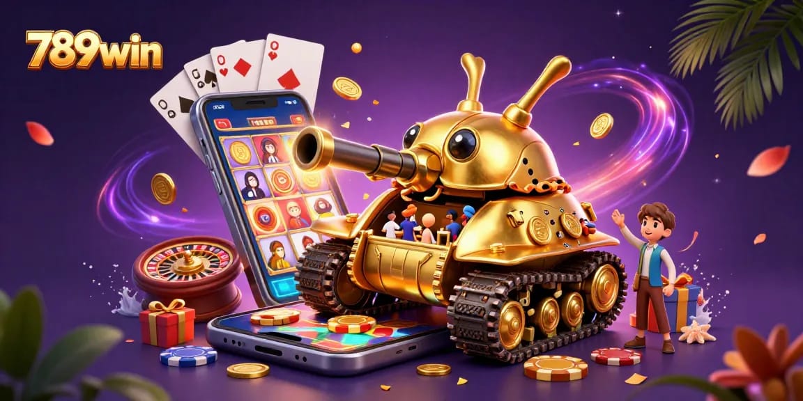 Experience the excitement of 789win with a vibrant illustration featuring a golden beetle tank and a mini casino.