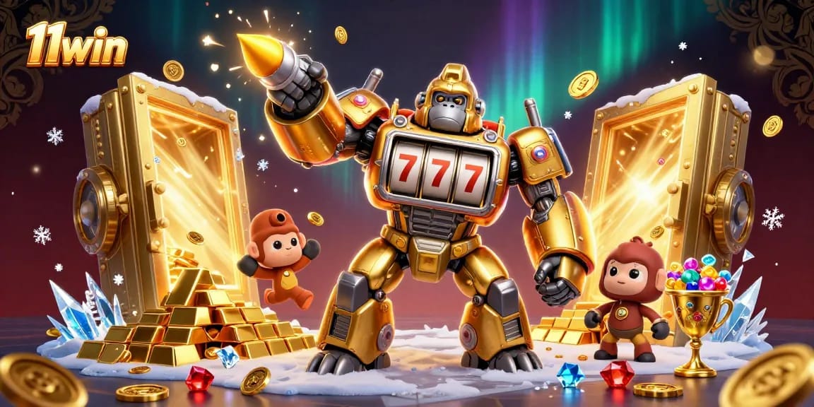 Engage with the exciting themes of 11win in this lively 3D casino illustration showcasing a slot machine mech!