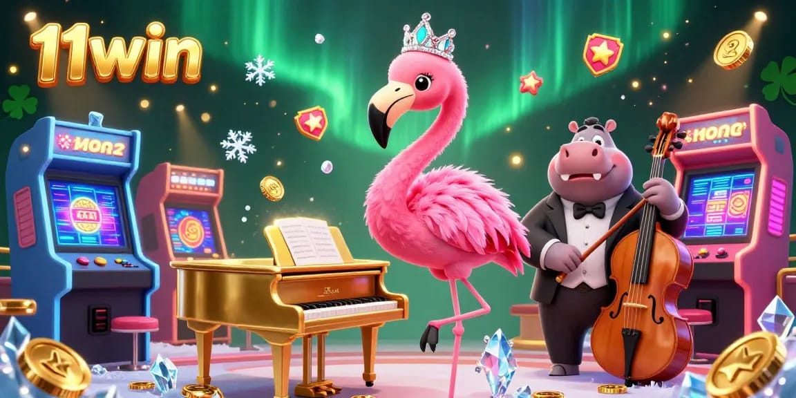 11win brings excitement with a flamingo singer and hippo bassist in a colorful casino arcade scene.