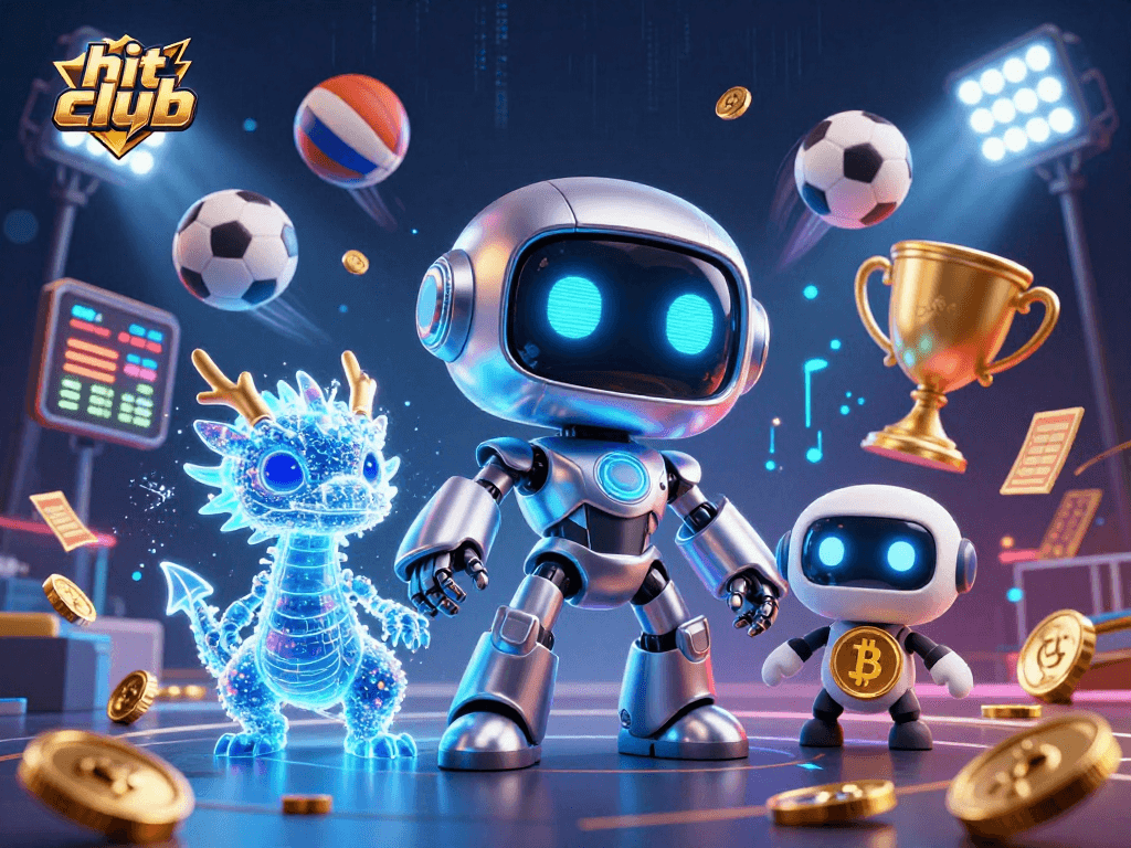 Engage in the hit club experience with a vibrant 3D illustration of a cyberpunk robot and AI companions.