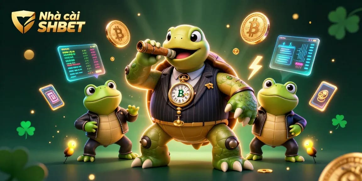 Engaging scene from Nhà cái SHBET showcasing a snapping turtle mobster with crypto coins and casino elements