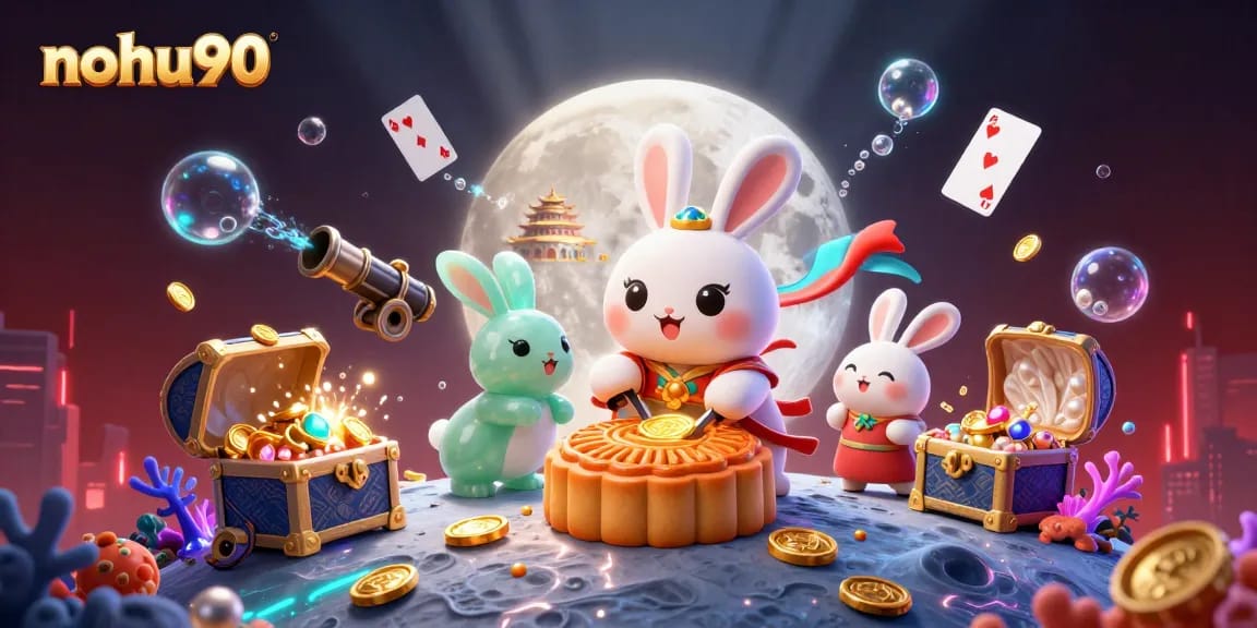 Experience nohu90's exciting games with a vibrant 3D illustration featuring lunar rabbit and poker elements.
