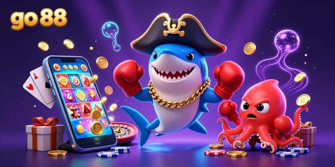 Experience thrilling wins with go 88 in this vibrant 3D cartoon casino illustration.