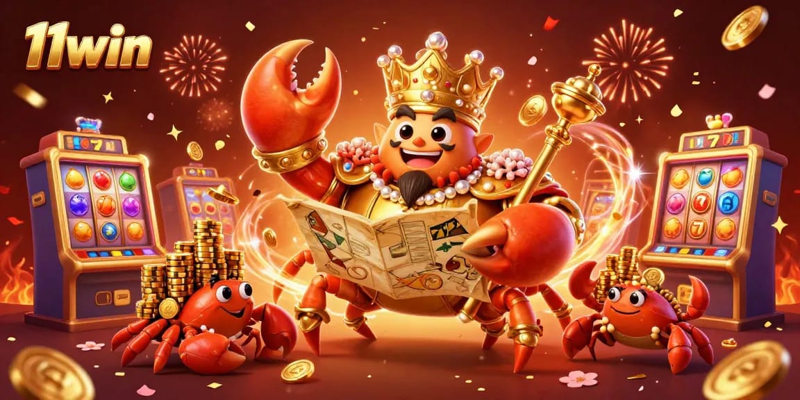 Join the excitement at 11win with a golden crab emperor celebrating gaming wins.