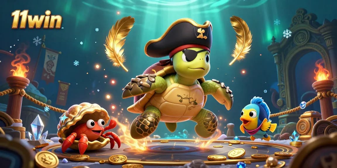 Win big at 11win with the pirate turtle and vibrant underwater casino scene.