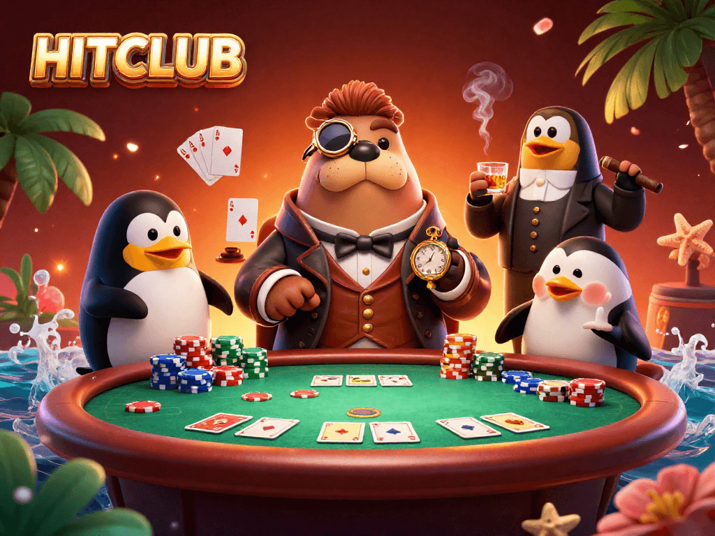 Join the exciting HITCLUB poker showdown with a jolly walrus and friends in this vibrant 3D scene.