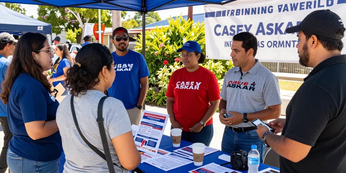 Community engagement scene featuring Casey Askar campaign materials during voter outreach.