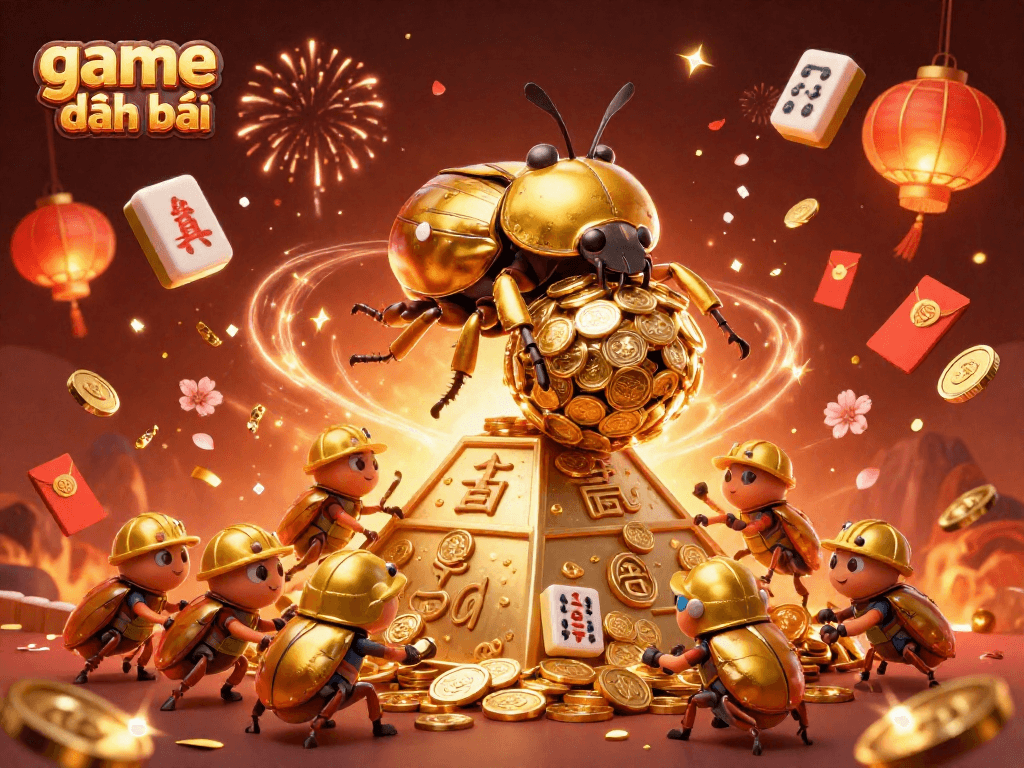 Experience thrilling game đánh bài action with a golden dung beetle amidst vibrant casino elements.
