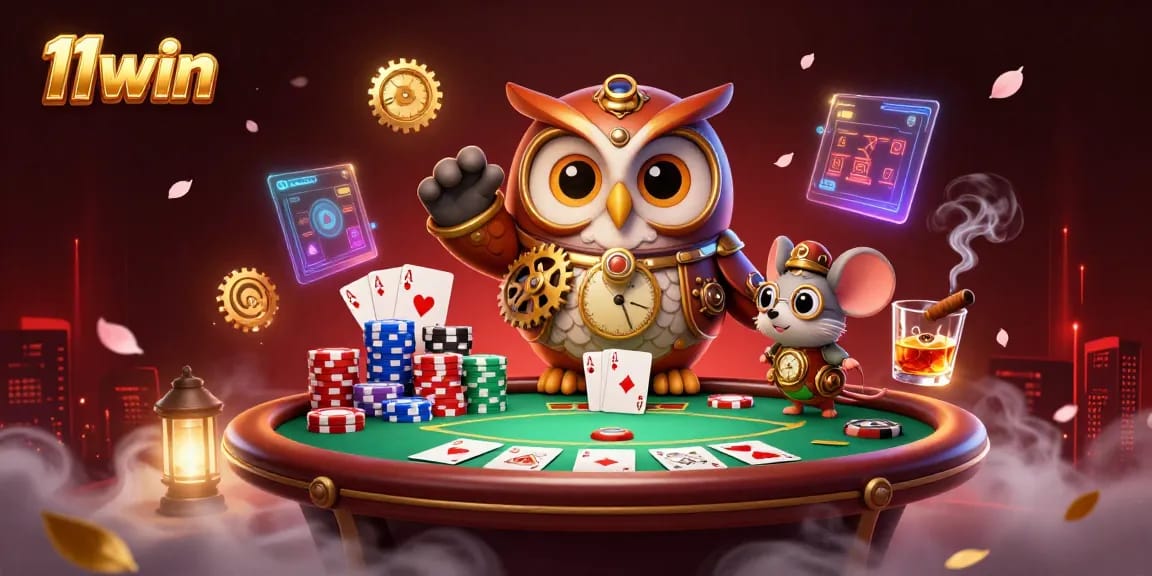 11win game scene featuring an owl and mouse at a vibrant poker table with dramatic casino elements.