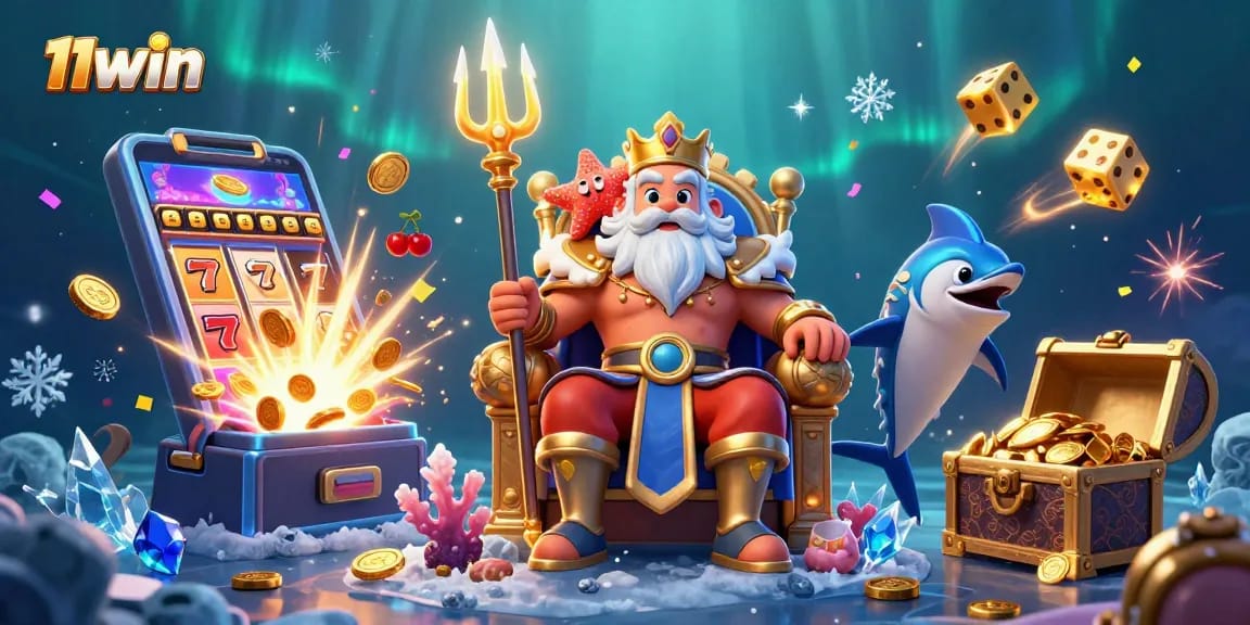 Experience the thrilling 11win jackpot scene with vibrant casino elements and sea-themed characters.