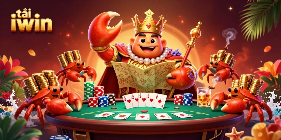Experience the excitement of tải iwin as the golden crab emperor rules the poker table in a vibrant casino scene.