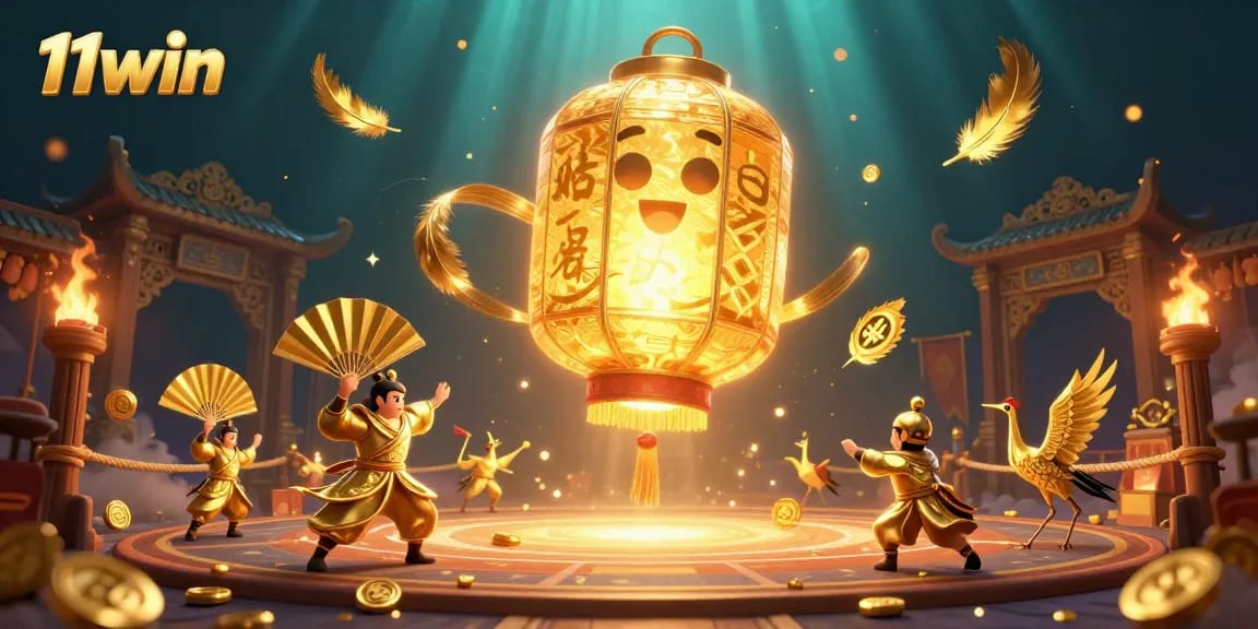 Experience the luck of 11win with a captivating 3D casino scene featuring golden lantern spirits and warriors.