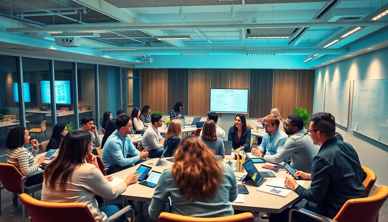 Engaging workforce development session with diverse participants collaborating in a bright, interactive environment.