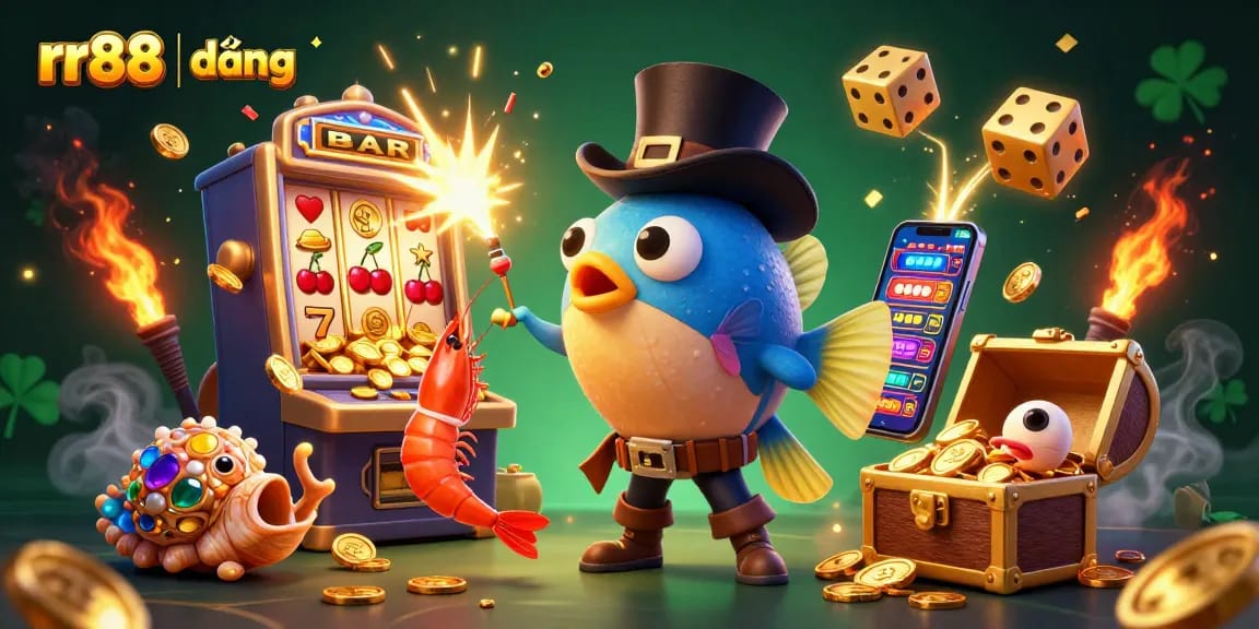 Win big at RR88 | đăng nhập with a cartoon anglerfish and treasure characters enjoying casino fun!