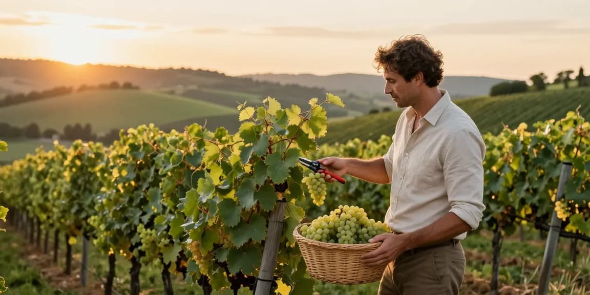 Grape harvest process and Chattoo wine production in serene vineyard setting.