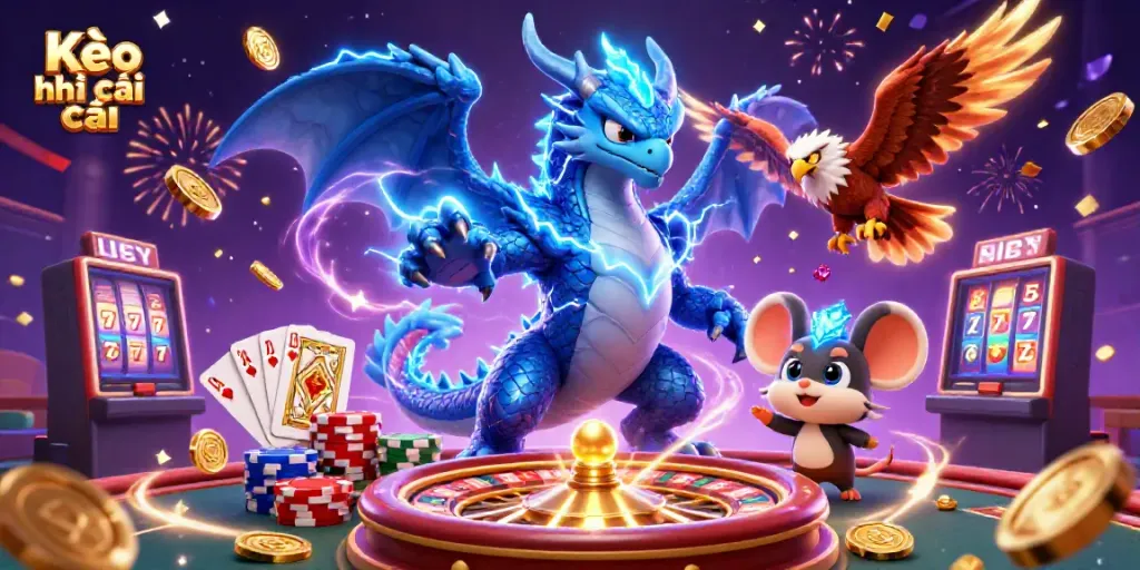 Experience thrilling bets with Kèo nhà cái featuring powerful dragon and hawk surrounded by gold coins and poker chips.