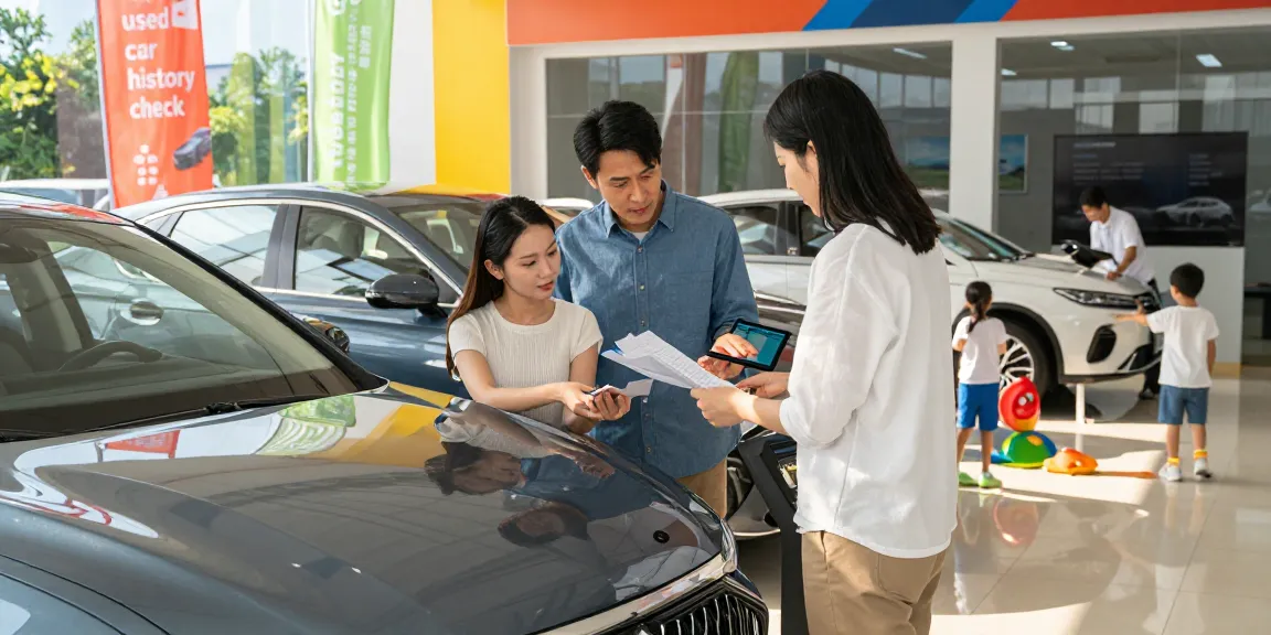 Family conducting a used car history check with a dealer, showcasing a vibrant dealership.