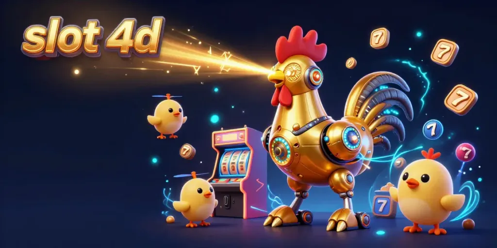 Engage with slot 4d as a retro-futuristic golden rooster robot and baby chick drones animate around vibrant arcade machines.