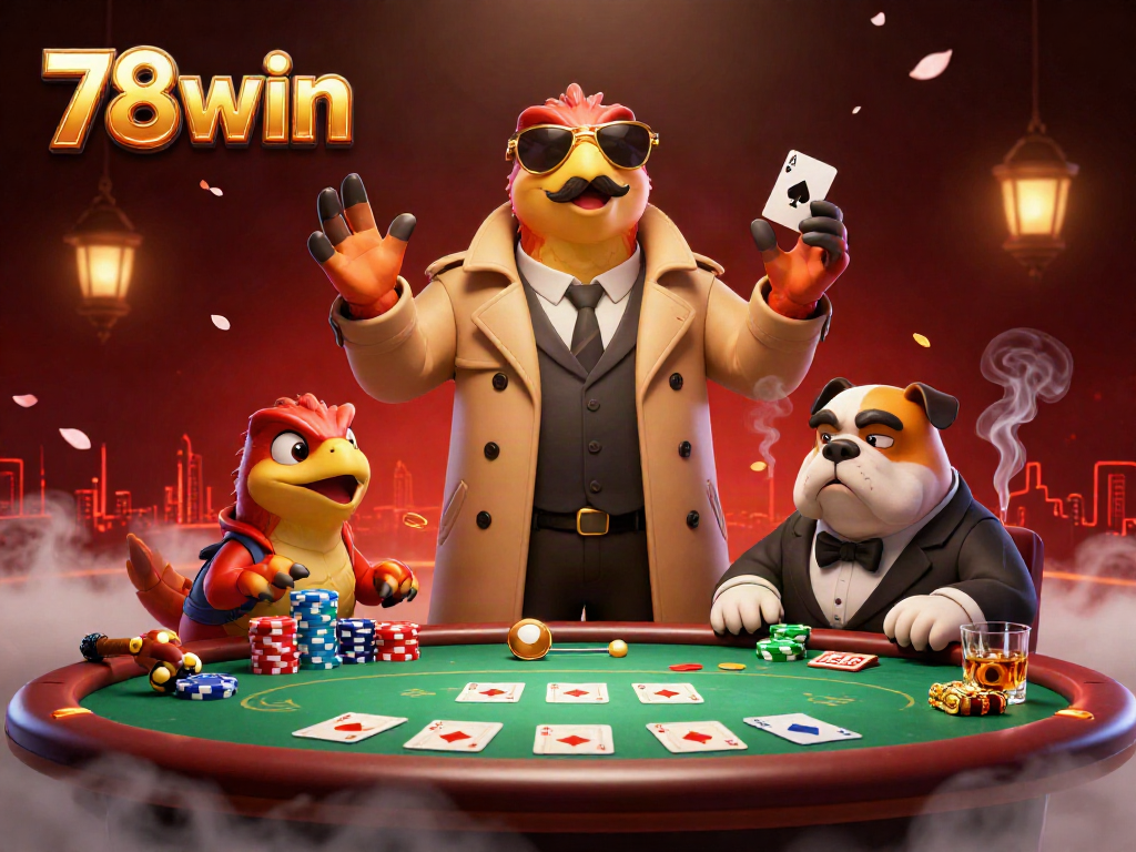 Experience the fun of 78win casino online with a raptor in a trench coat and bulldog bouncer.