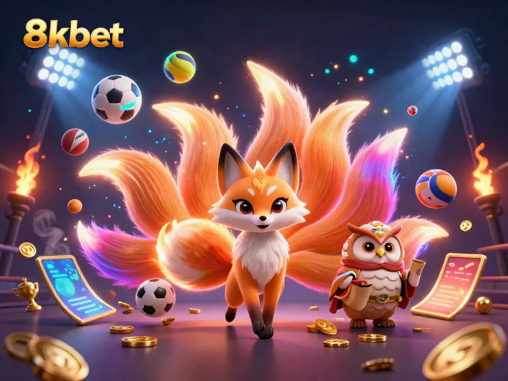 Experience 8xbet's vibrant gaming world, featuring a mystical fox, wise owl, and dynamic sports elements.