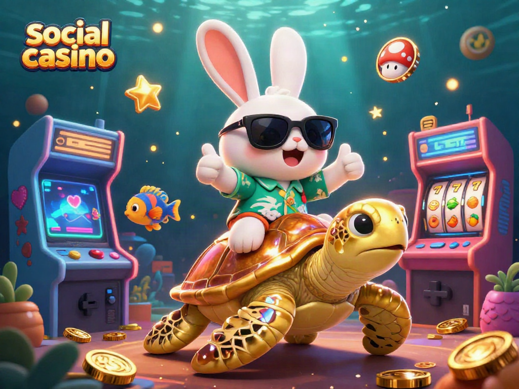 Engage with the vibrant social casino scene featuring a cartoon rabbit and turtle celebrating gaming.