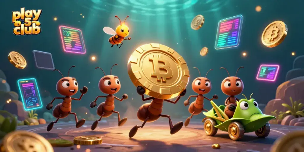 Engage with the action at play b52 club as cartoon ants carry a giant poker chip in a vibrant casino heist scene.