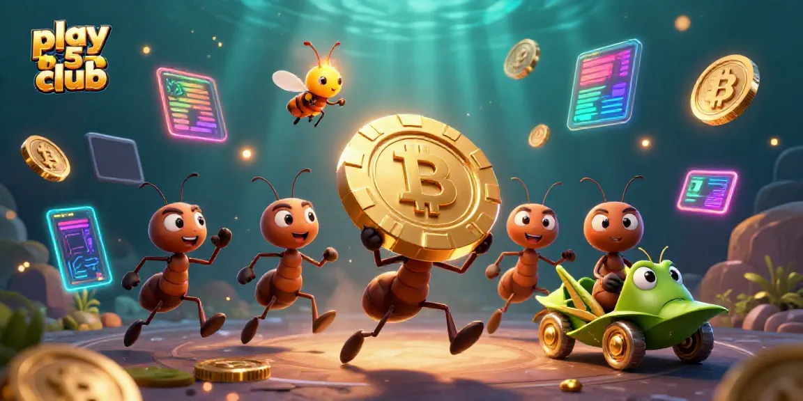 Engage with the action at play b52 club as cartoon ants carry a giant poker chip in a vibrant casino heist scene.