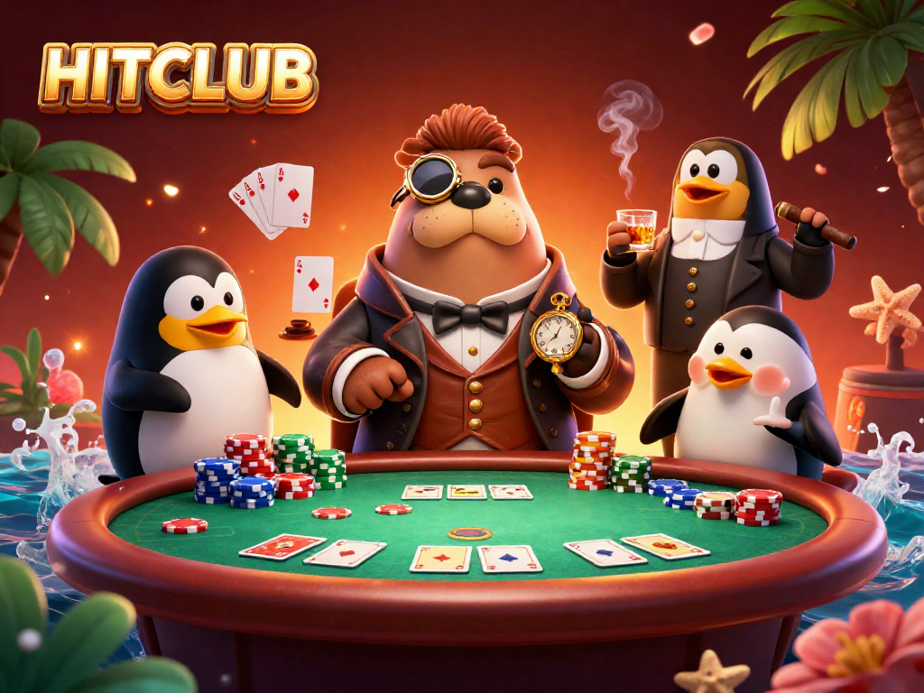Join the exciting HITCLUB poker showdown with a jolly walrus and friends in this vibrant 3D scene.