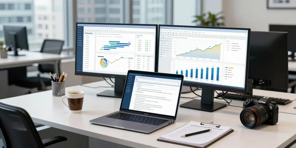 Analyzing document fraud detection metrics with dual monitors displaying data analytics in a modern office.