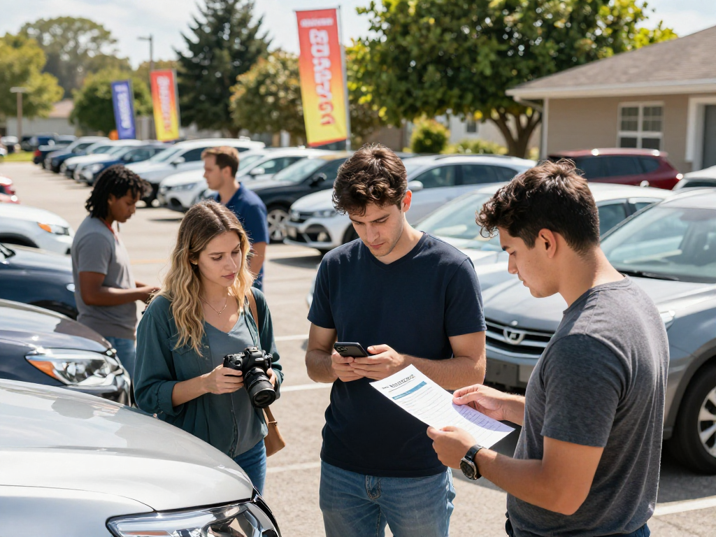Buyers checking carfax report deals while exploring used cars in a vibrant parking lot.