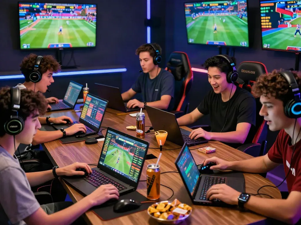 Group of players engaged in m88.com login alternatif in a vibrant gaming space with laptops and live sports displays.