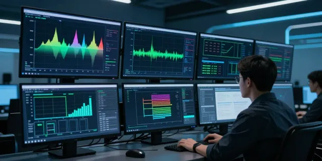 Network VAPT monitoring dual-screen setup showcasing intrusion detection and threat analysis tools in cybersecurity.