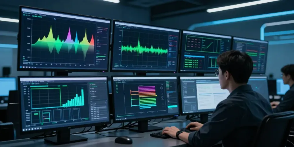 Network VAPT monitoring dual-screen setup showcasing intrusion detection and threat analysis tools in cybersecurity.