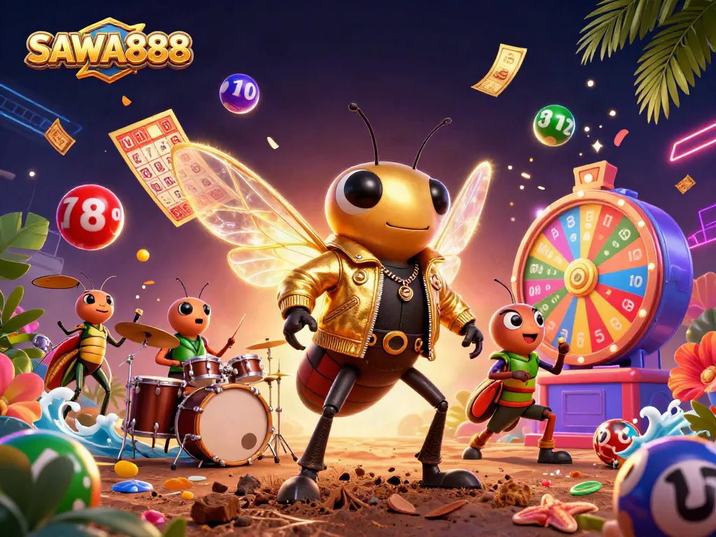 Engage with SAWA888 in this vibrant 3D casino scene featuring dynamic gaming elements.