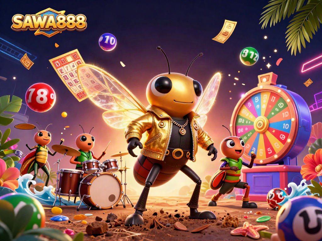 Engage with SAWA888 in this vibrant 3D casino scene featuring dynamic gaming elements.