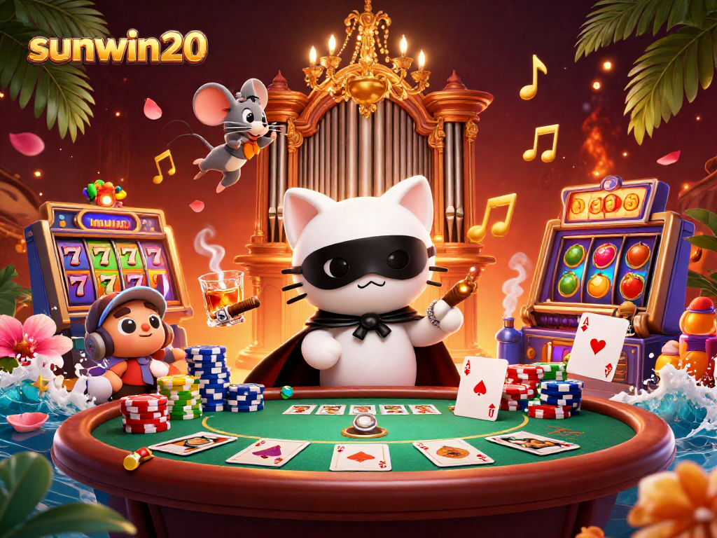 Experience the excitement of sunwin20 with a captivating casino scene featuring a phantom cat and dynamic slot elements.