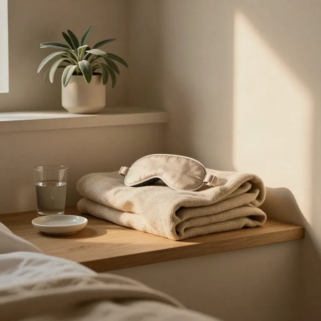 Bedroom corner with blanket, sleep mask, water glass, ceramic dish, and plant in warm lamp light.