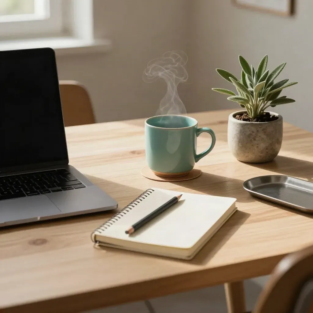 Quiet coworking desk with a closed laptop, notebook, teal cup, pencil, and small plant in warm light.