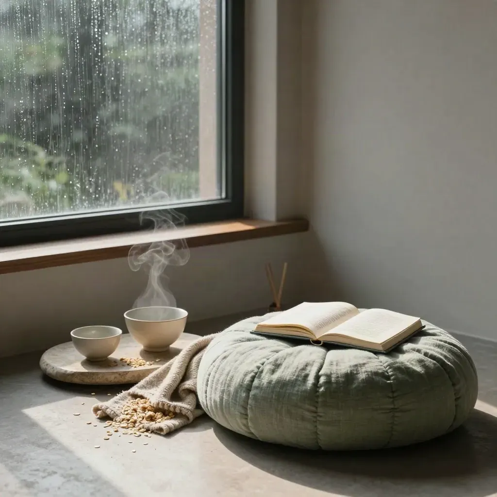 Rain-lit mindfulness corner with cushion, tea set, journal, diffuser and steam by a window.