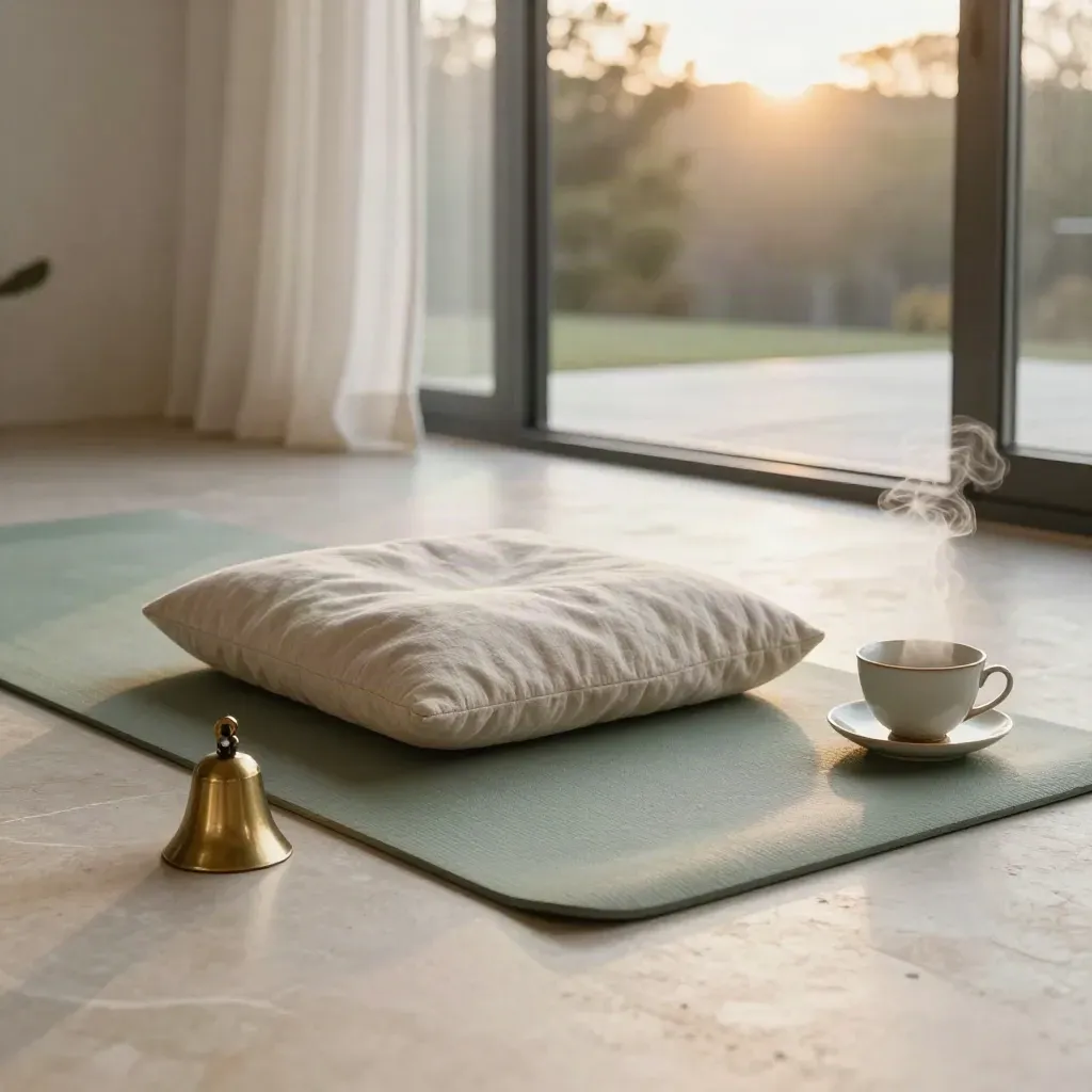 Sunrise tea, bell, cushion, and yoga mat by an open patio door with curtain moving