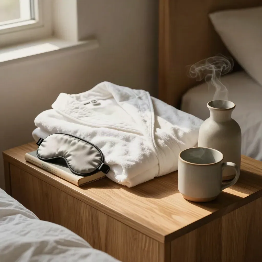 Bedside sleep routine still life with robe, mask, paperback, carafe and mug on a nightstand.