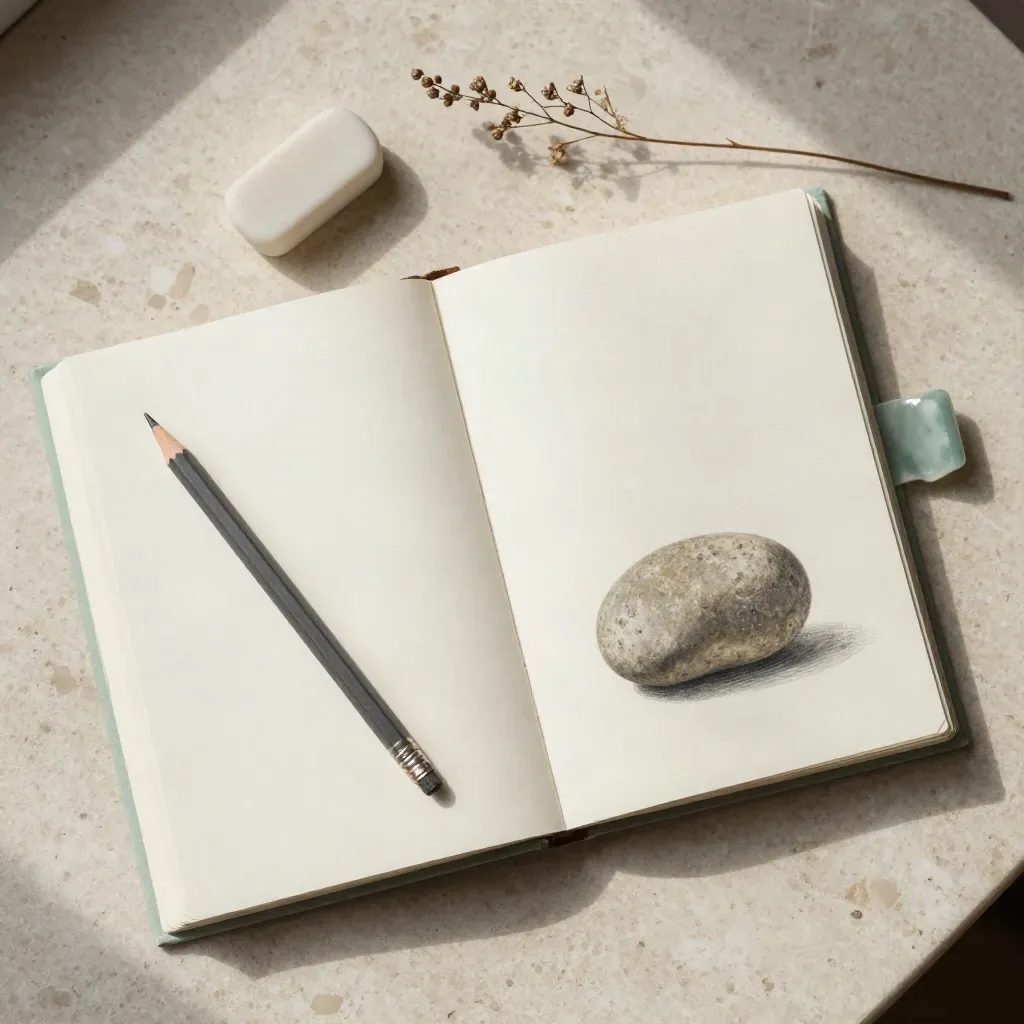Overhead journal flat lay with pencil, eraser, stone, and dried stem on travertine.