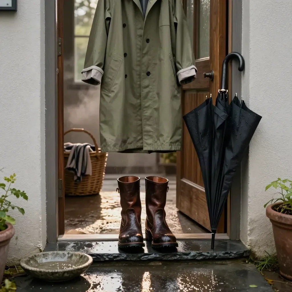 Rain-soaked entry landing with boots, umbrella, raincoat, basket, and stone dish after the storm.