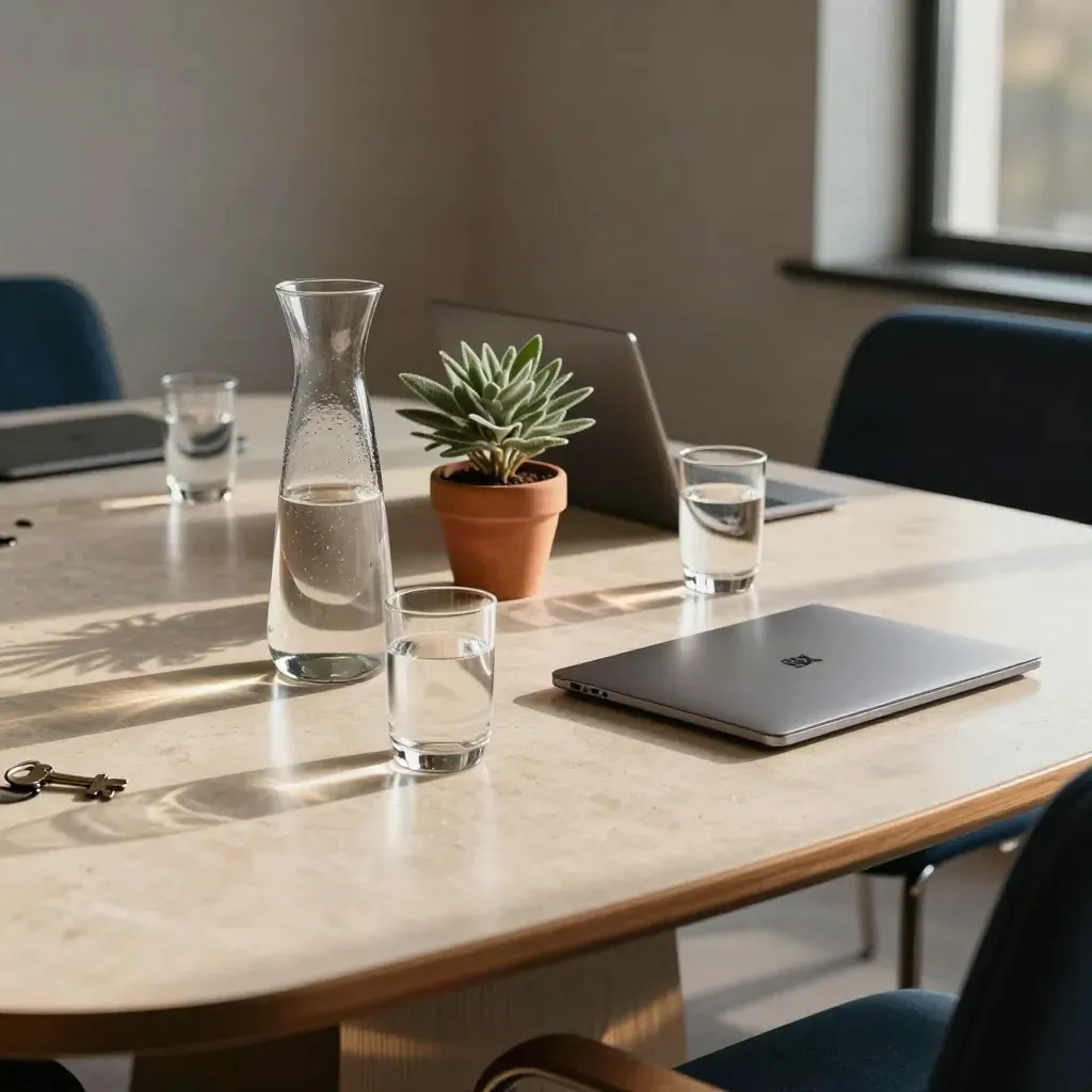 Quiet conference room set for a big call with carafe, glasses, plant, laptop and navy chairs.