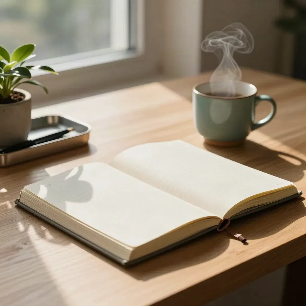 Sunlit Monday desk with planner, turned notebook, tea mug, plant and pen tray in warm calm light.