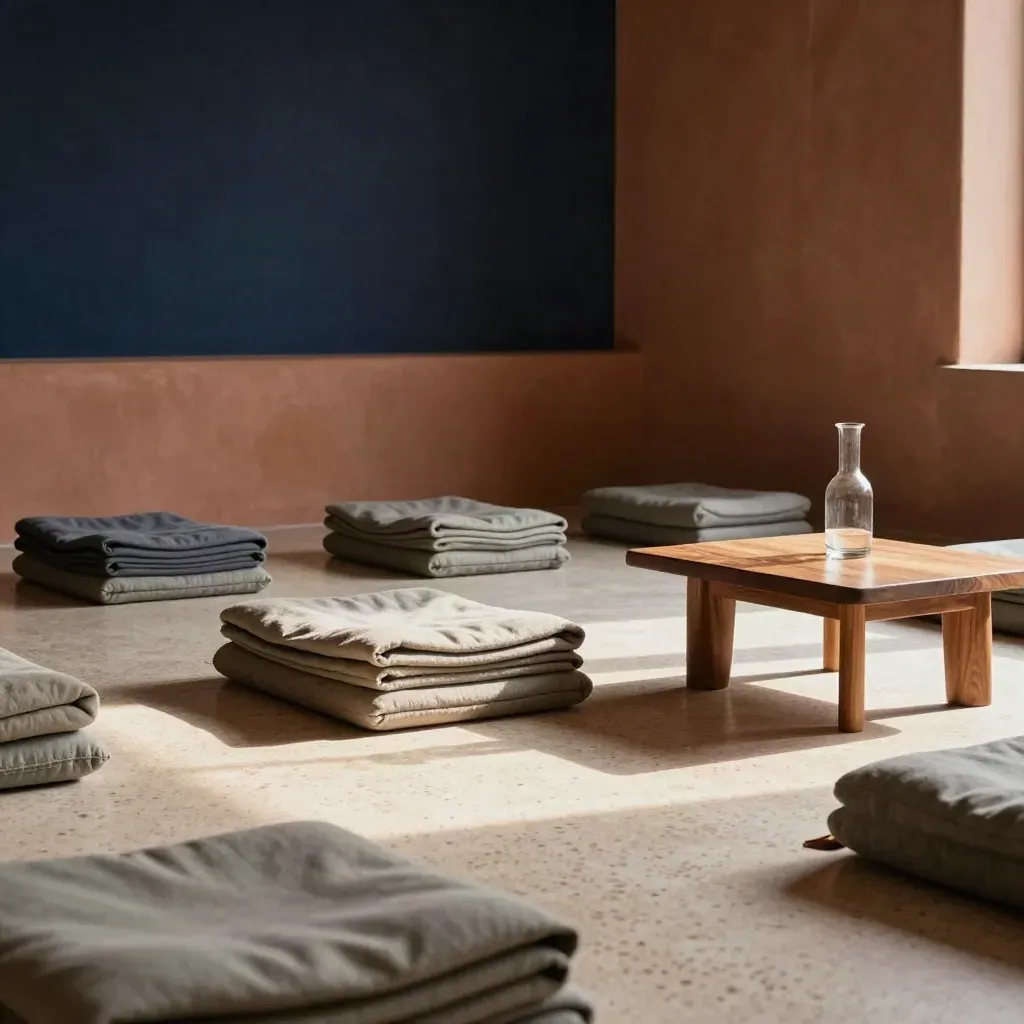 Quiet workshop room with cushions, blankets, chairs, and a glass carafe in cinematic light.